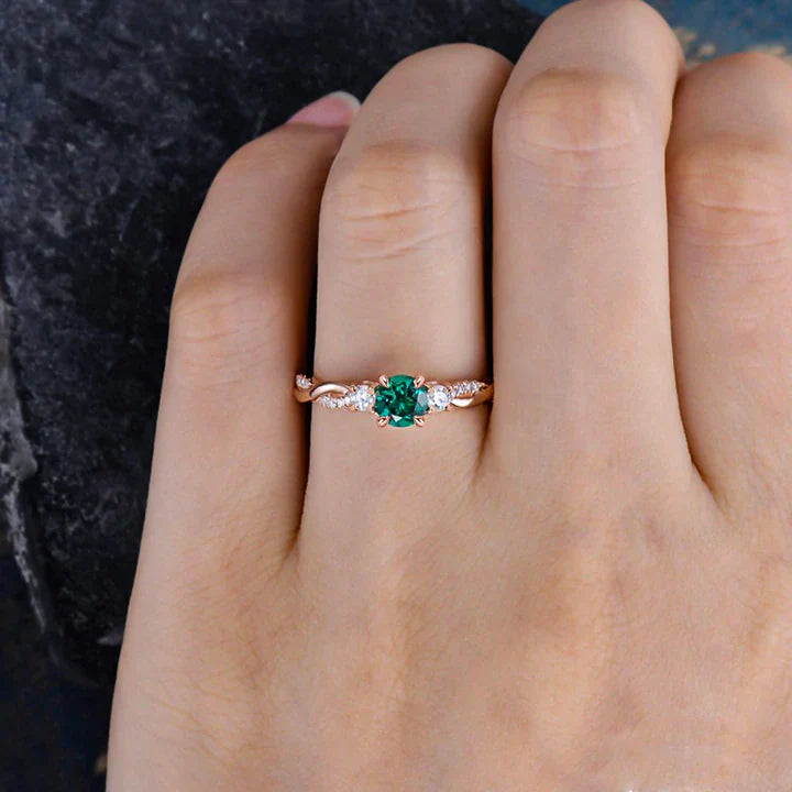 Emerald Green Twist Rose Golden Engagement Ring In Sterling Silver Shineofdiamond