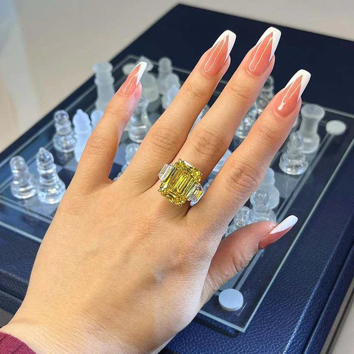 Retro Emerald Cut Three Stone Engagement Ring In Sterling Silver Shineofdiamond