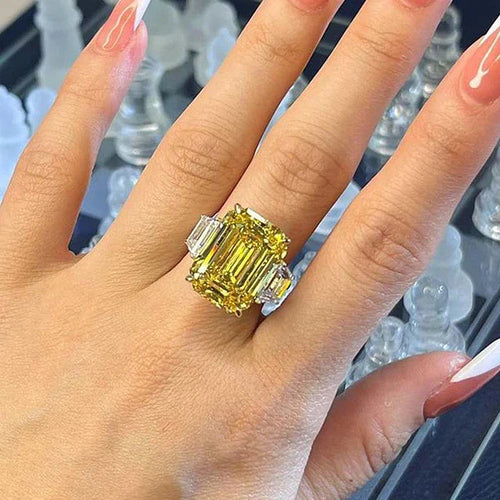Retro Emerald Cut Three Stone Engagement Ring In Sterling Silver Shineofdiamond