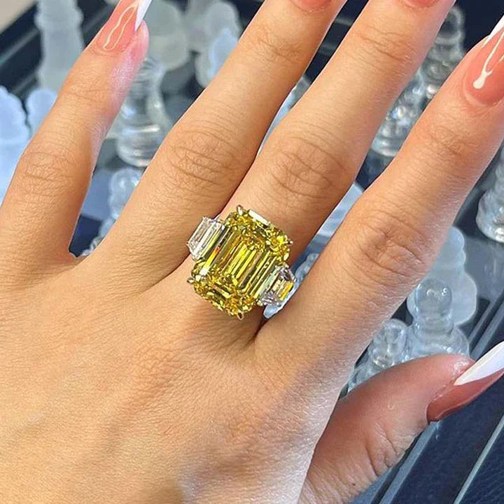 Retro Emerald Cut Three Stone Engagement Ring In Sterling Silver Shineofdiamond
