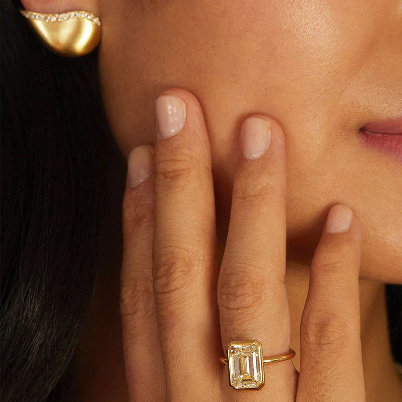 Elegant Emerald Cut Sterling Silver Bezel Engagement Ring In Golden Tone Shineofdiamond
