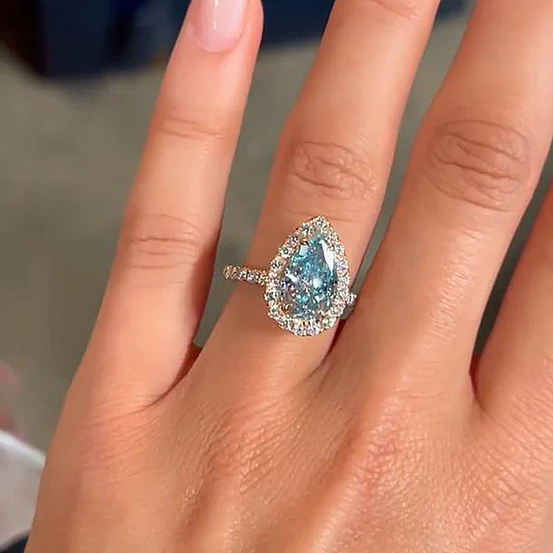 Vintage Pear Cut Cyan Blue Sterling Silver Engagement Ring In Rose Golden Tone shineofdiamond
