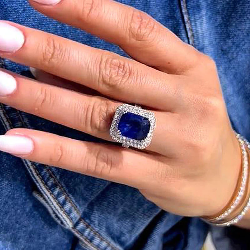 Retro Double Halo Blue Cushion Cut Engagement Ring In Sterling Silver shine of diamond