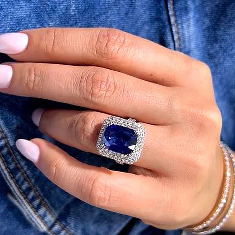 Retro Double Halo Blue Cushion Cut Engagement Ring In Sterling Silver shine of diamond
