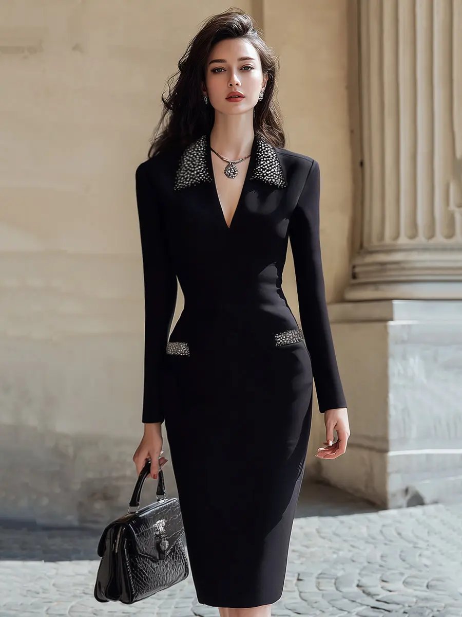 Elegant Beaded Collar Bodycon Evening Partywear - Midi Dress CAAYWORLD