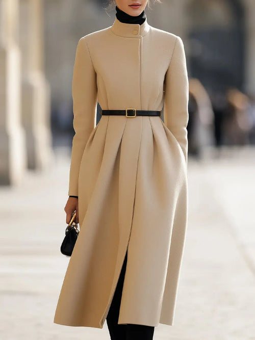 Elegant Beige Belted Tailored Trench - Midi Coat CAAYWORLD