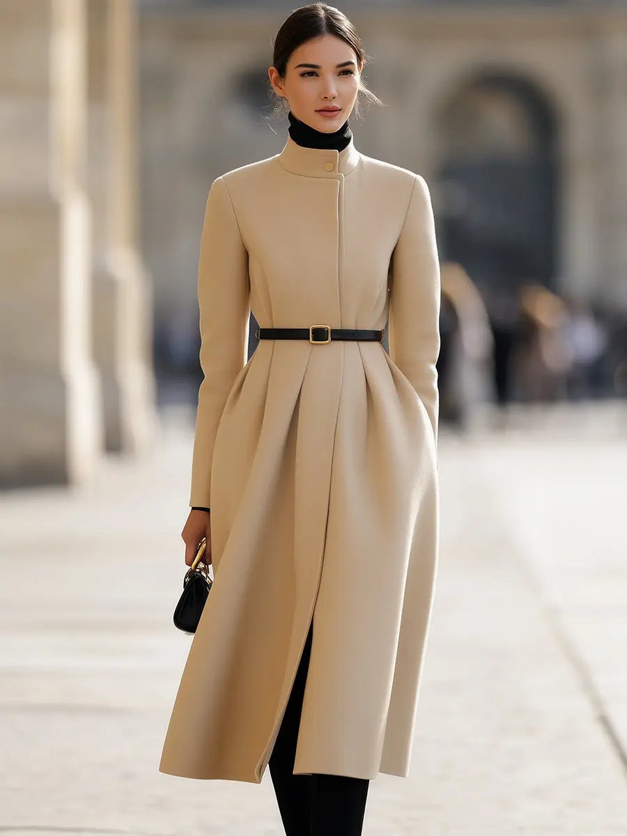 Elegant Beige Belted Tailored Trench - Midi Coat CAAYWORLD