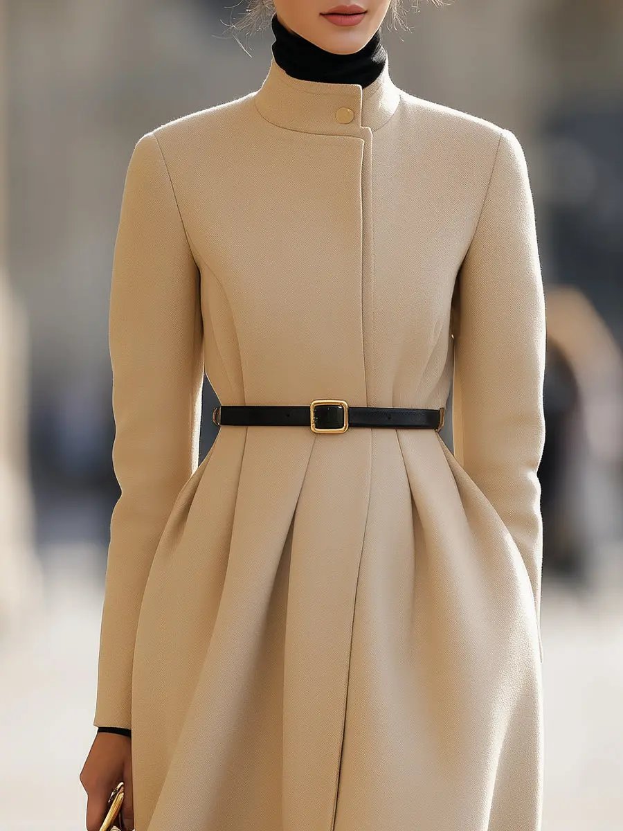 Elegant Beige Belted Tailored Trench - Midi Coat CAAYWORLD
