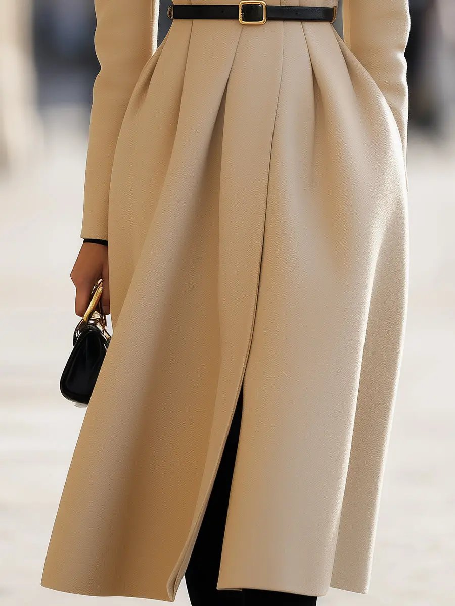 Elegant Beige Belted Tailored Trench - Midi Coat CAAYWORLD