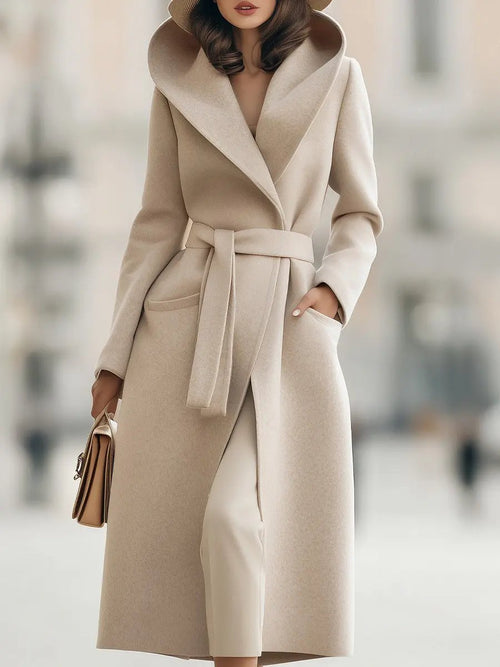 Elegant Beige Belted Wool-Blend Longline - Coat CAAYWORLD