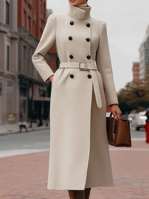 Elegant Beige Double-Breasted Belted - Coat CAAYWORLD