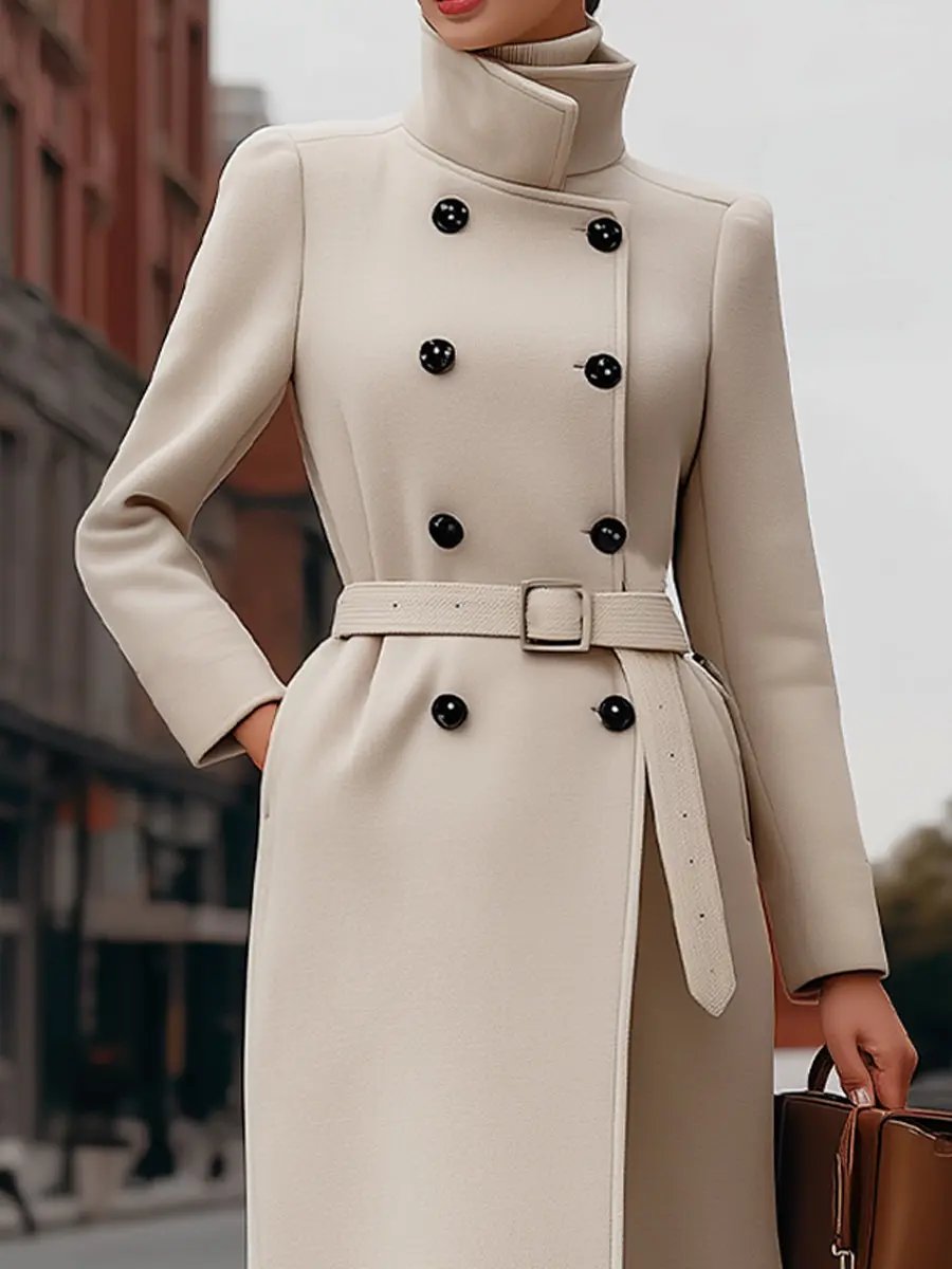 Elegant Beige Double-Breasted Belted - Coat CAAYWORLD
