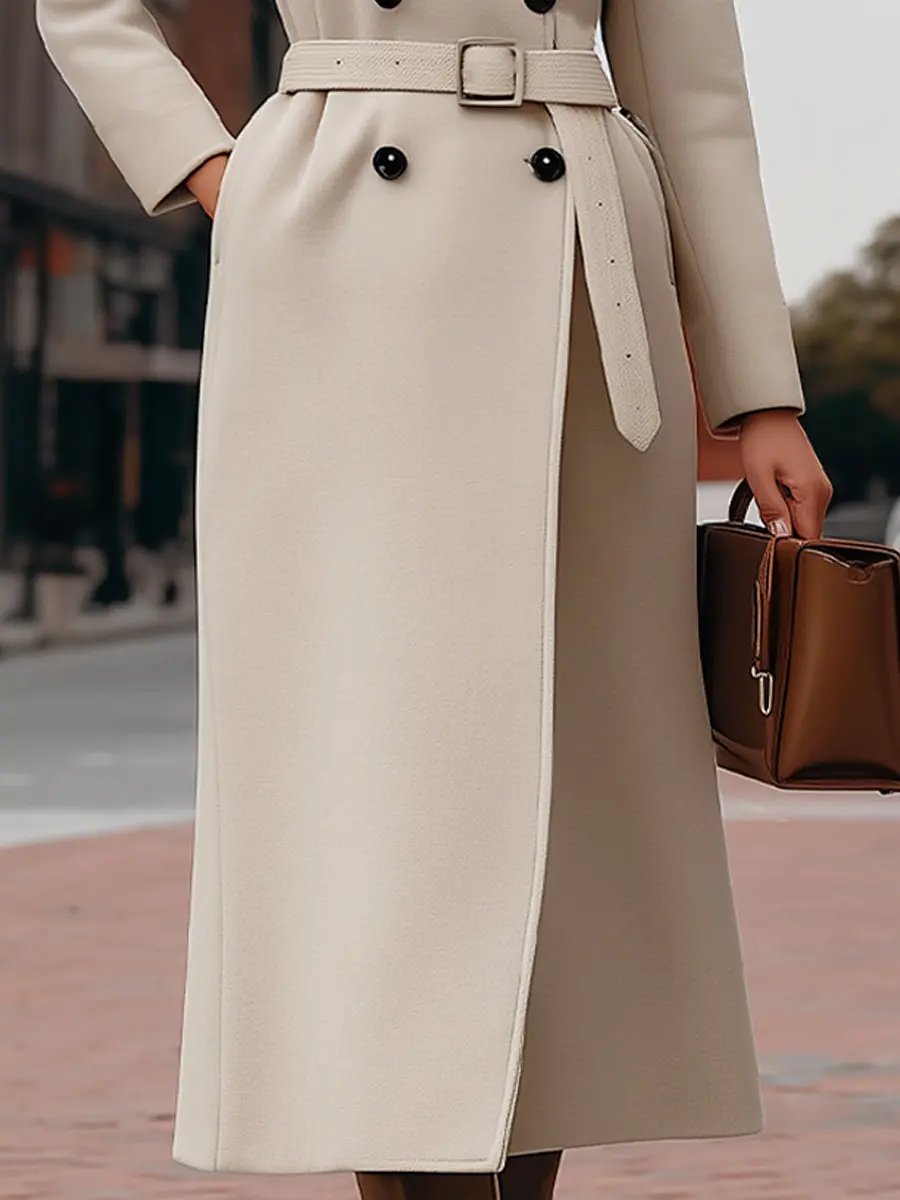 Elegant Beige Double-Breasted Belted - Coat CAAYWORLD