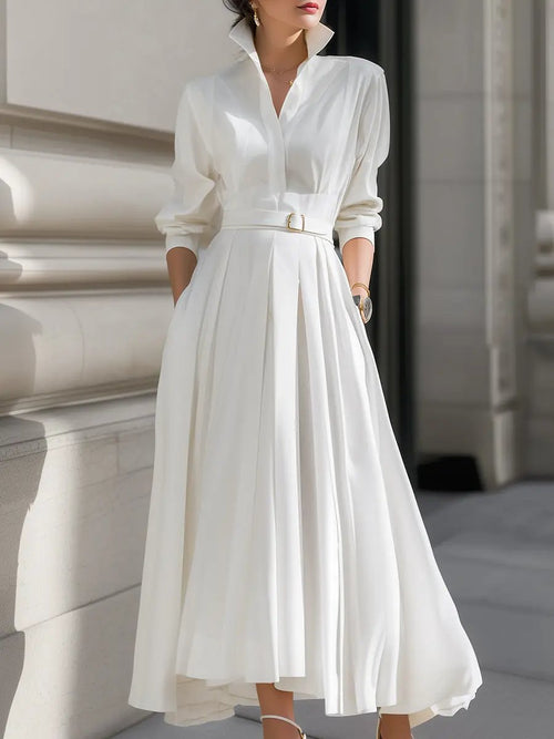 Elegant Belted Shirt Dress with Pleated Skirt - Midi Dress CAAYWORLD