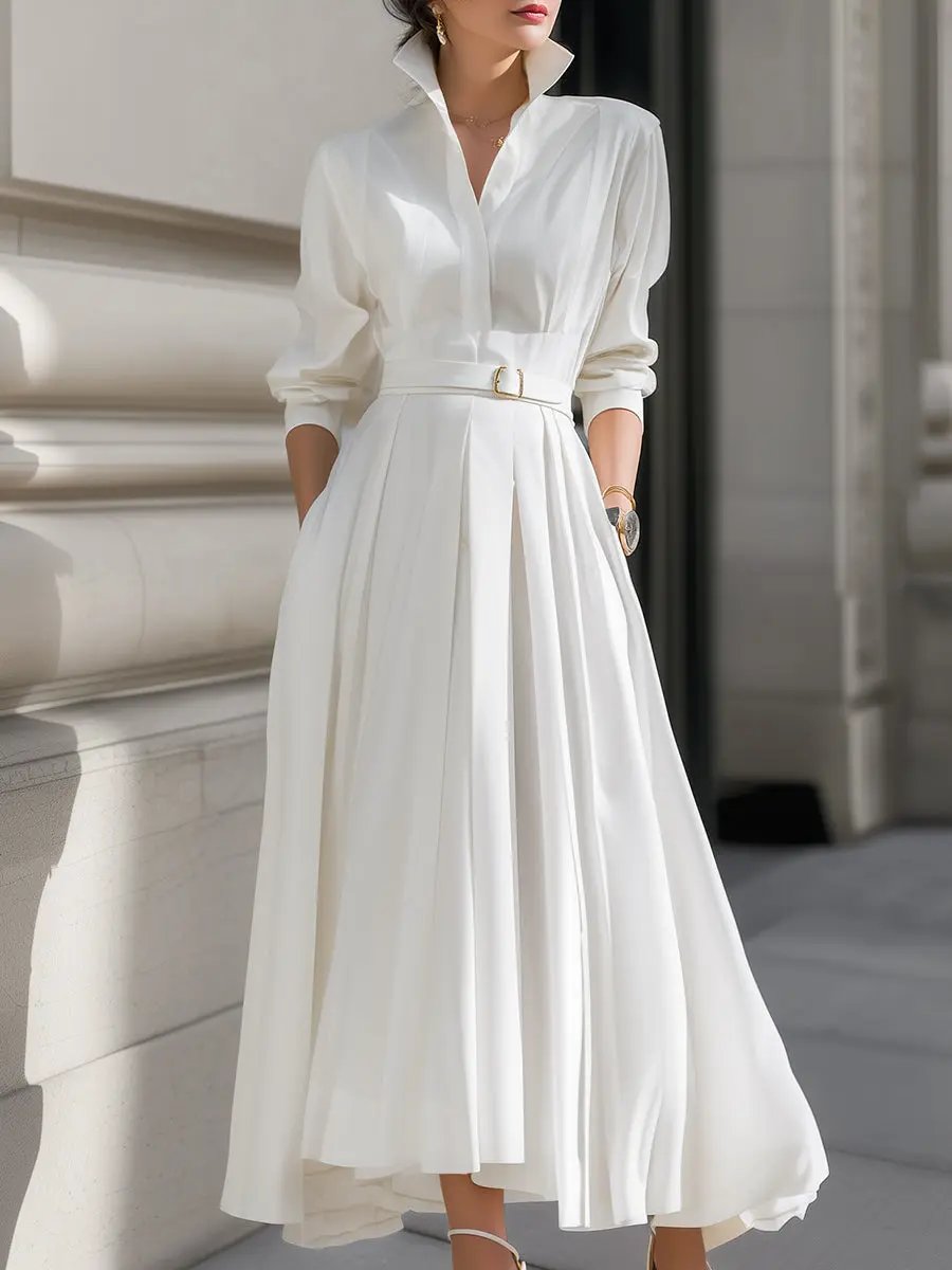 Elegant Belted Shirt Dress with Pleated Skirt - Midi Dress CAAYWORLD