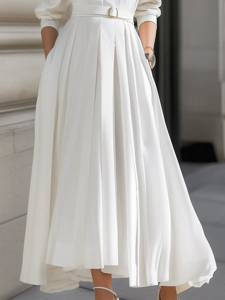 Elegant Belted Shirt Dress with Pleated Skirt - Midi Dress CAAYWORLD