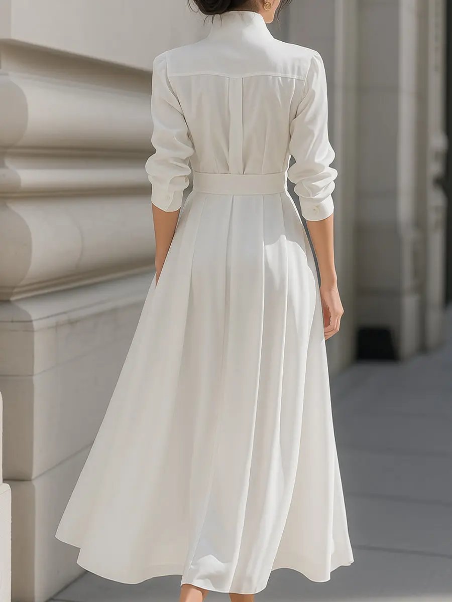 Elegant Belted Shirt Dress with Pleated Skirt - Midi Dress CAAYWORLD