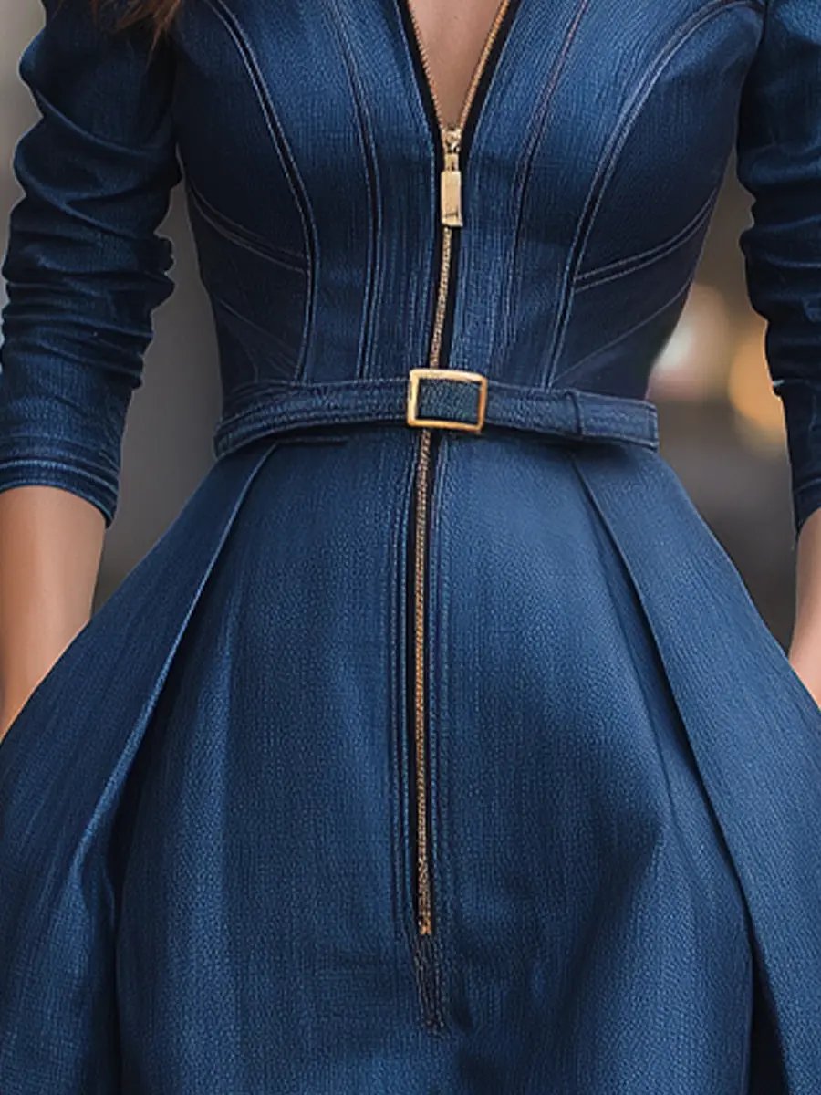 Elegant Belted Zippered Denim - Midi Dress CAAYWORLD