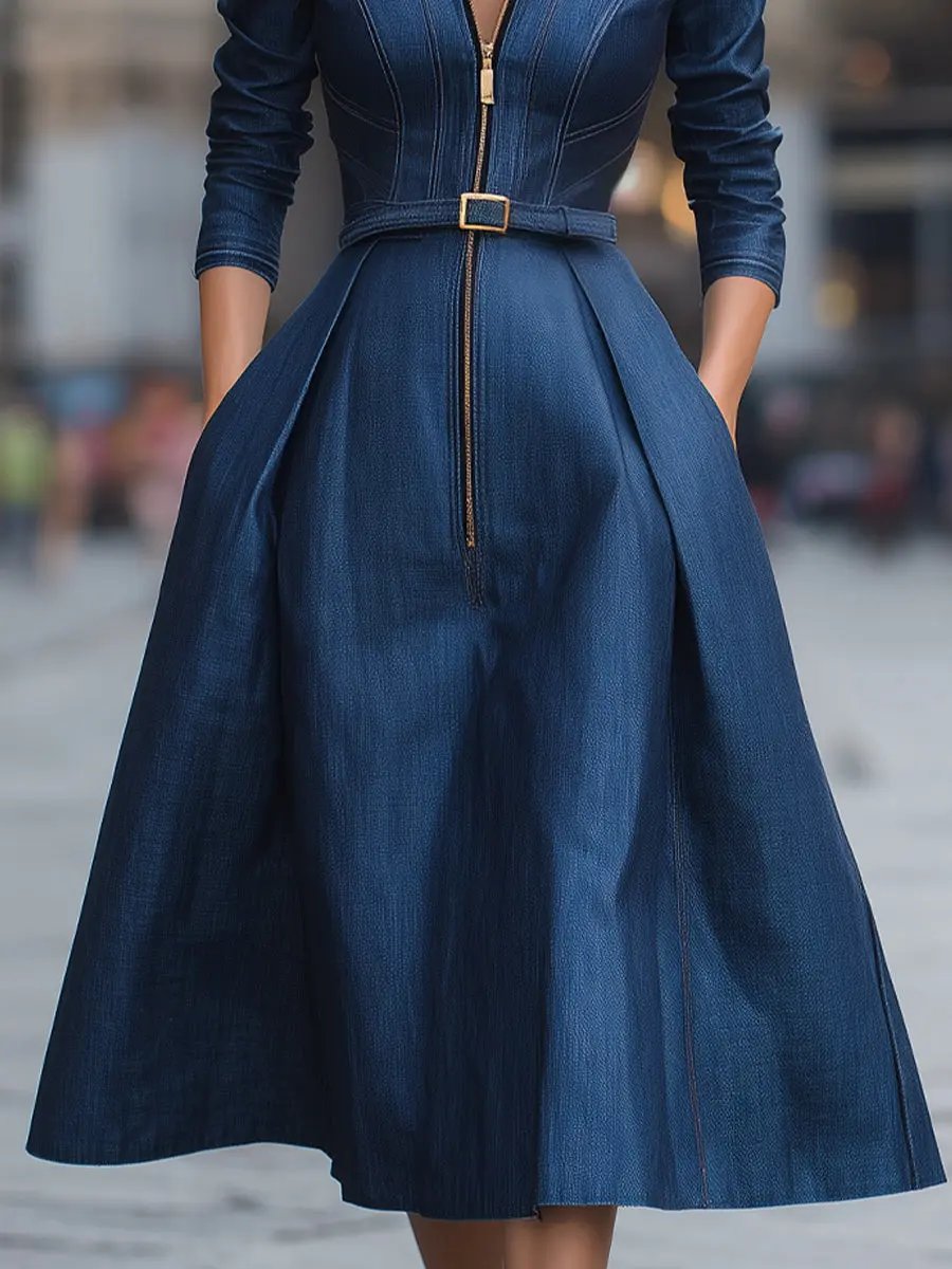 Elegant Belted Zippered Denim - Midi Dress CAAYWORLD