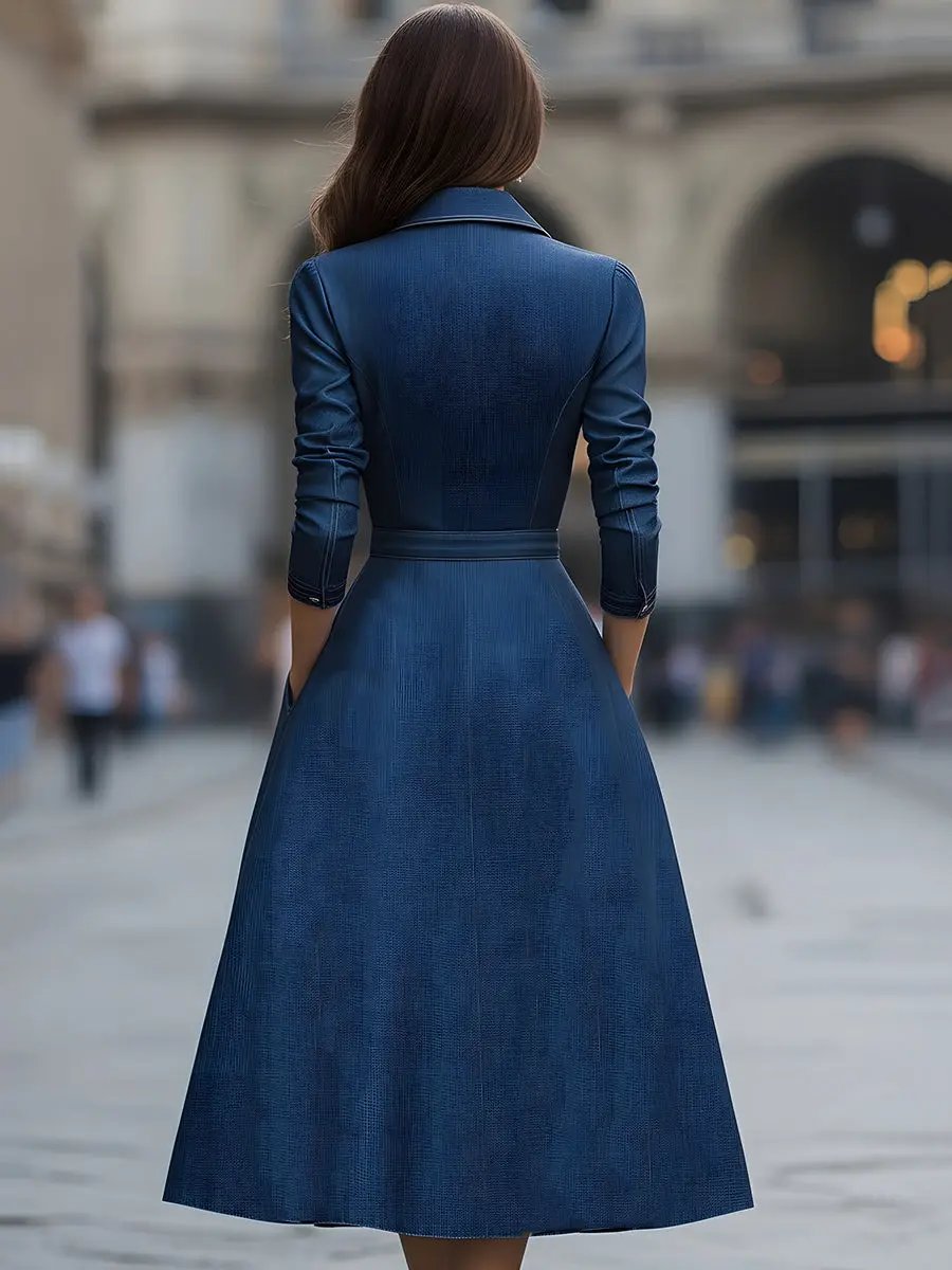 Elegant Belted Zippered Denim - Midi Dress CAAYWORLD