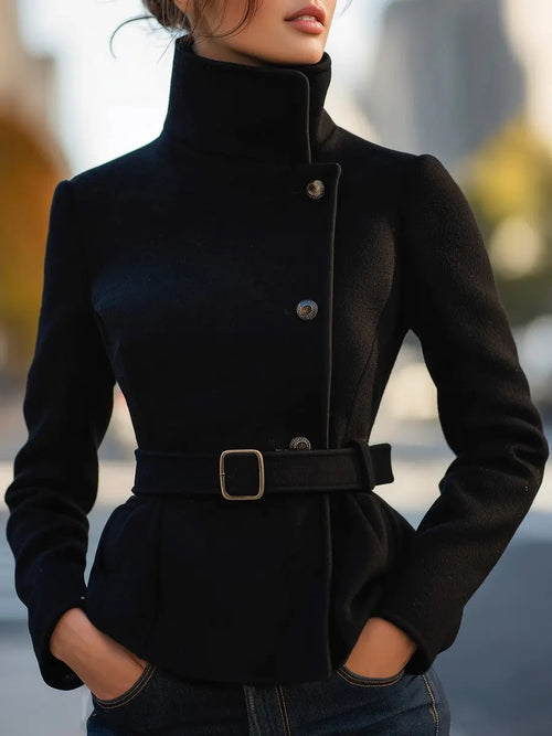 Elegant Black Belted Wool-Blend Tailored - Coat CAAYWORLD