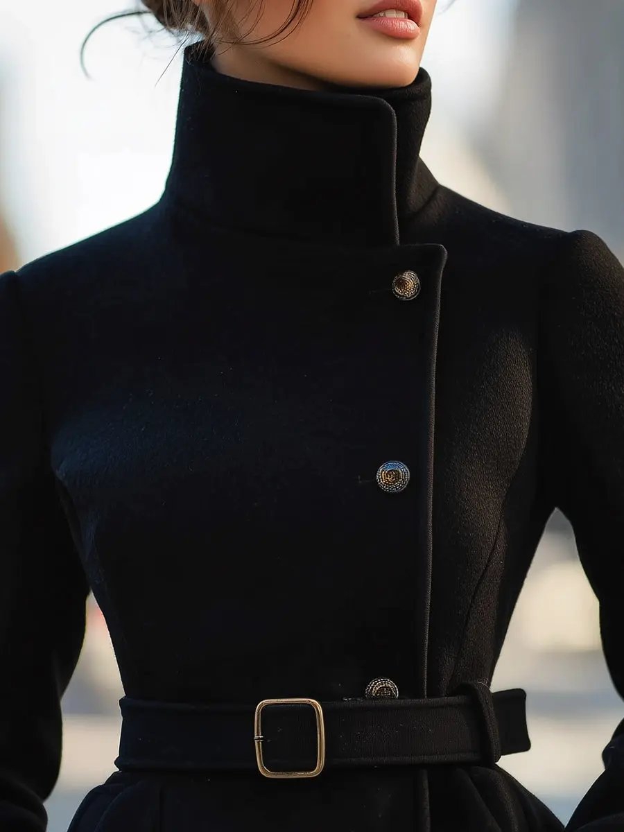 Elegant Black Belted Wool-Blend Tailored - Coat CAAYWORLD