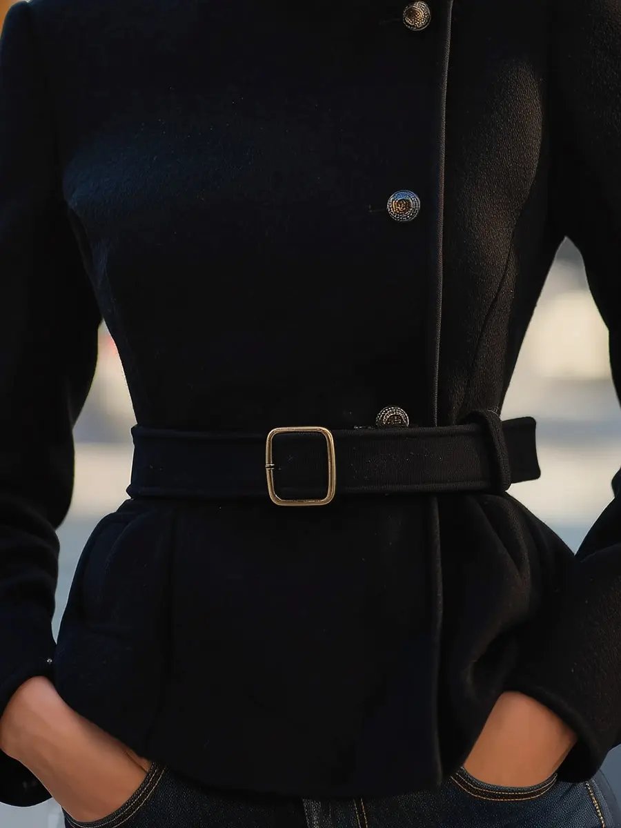 Elegant Black Belted Wool-Blend Tailored - Coat CAAYWORLD