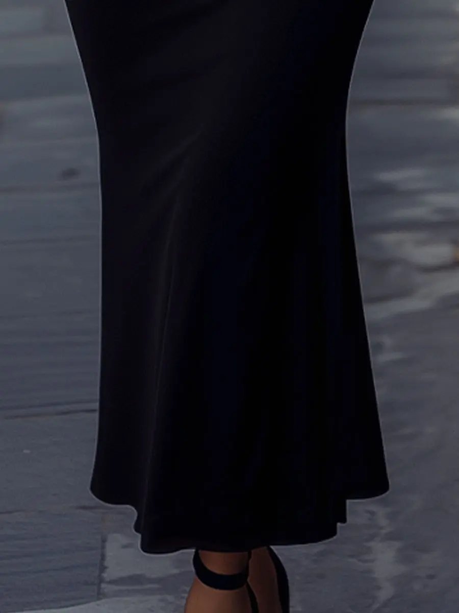 Elegant Black Dress with Leopard Cuff & Waist Trim - Midi Dress CAAYWORLD