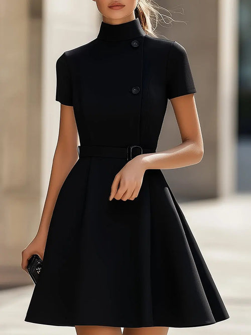 Elegant Black High-Neck Belted Sheath - Midi Dress CAAYWORLD