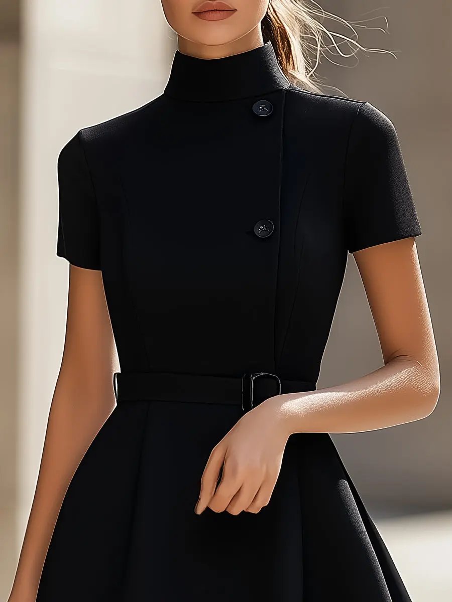 Elegant Black High-Neck Belted Sheath - Midi Dress CAAYWORLD