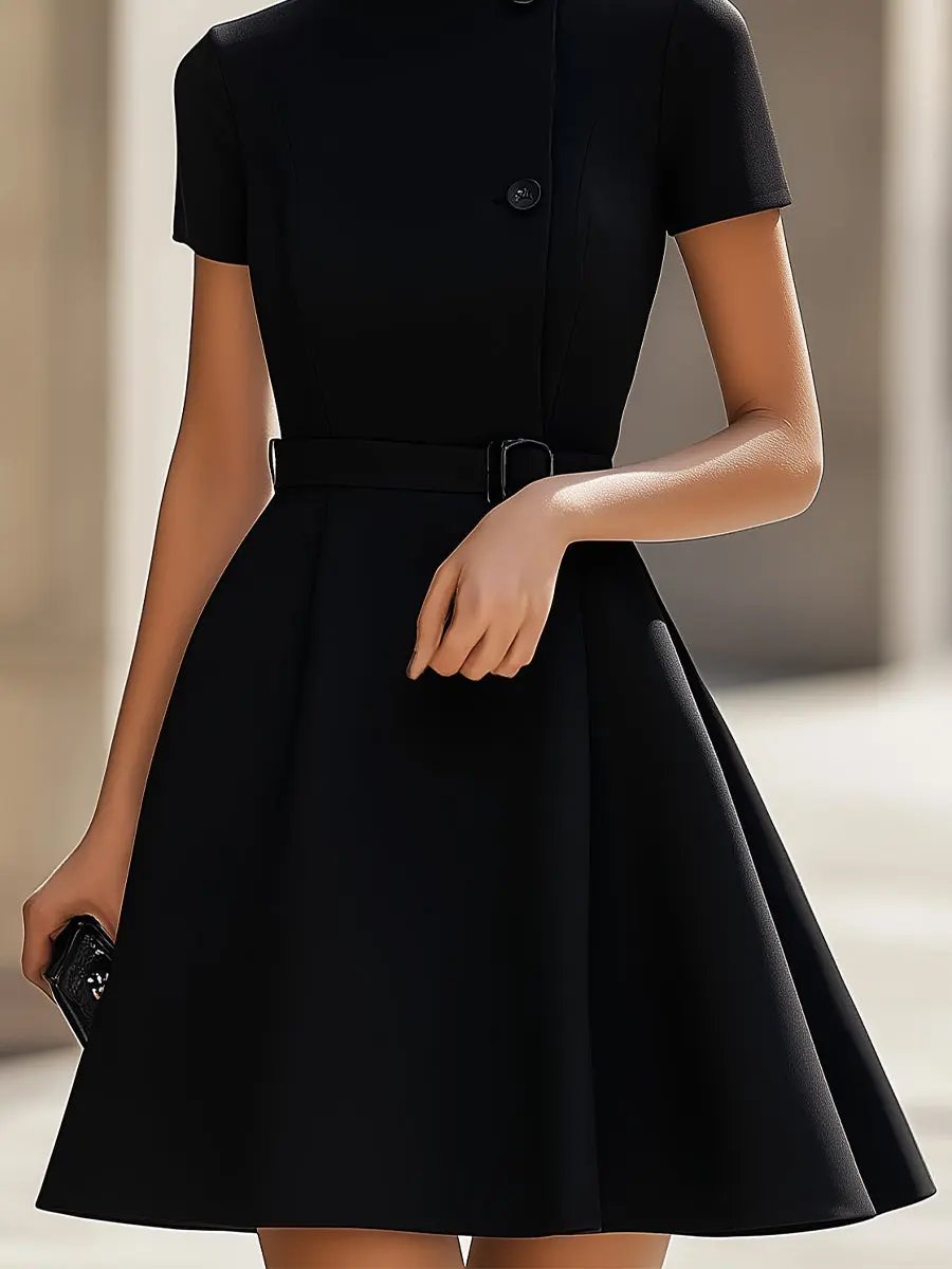 Elegant Black High-Neck Belted Sheath - Midi Dress CAAYWORLD