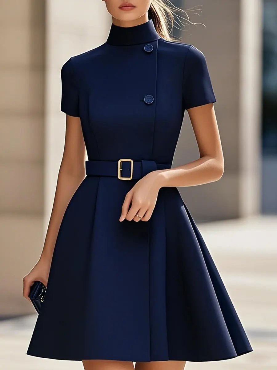 Elegant Black High-Neck Belted Sheath - Midi Dress CAAYWORLD