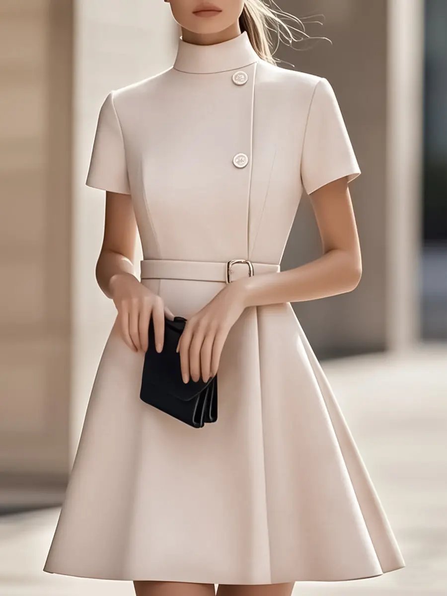 Elegant Black High-Neck Belted Sheath - Midi Dress CAAYWORLD