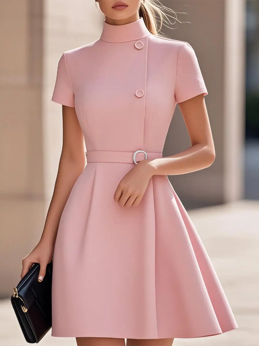 Elegant Black High-Neck Belted Sheath - Midi Dress CAAYWORLD