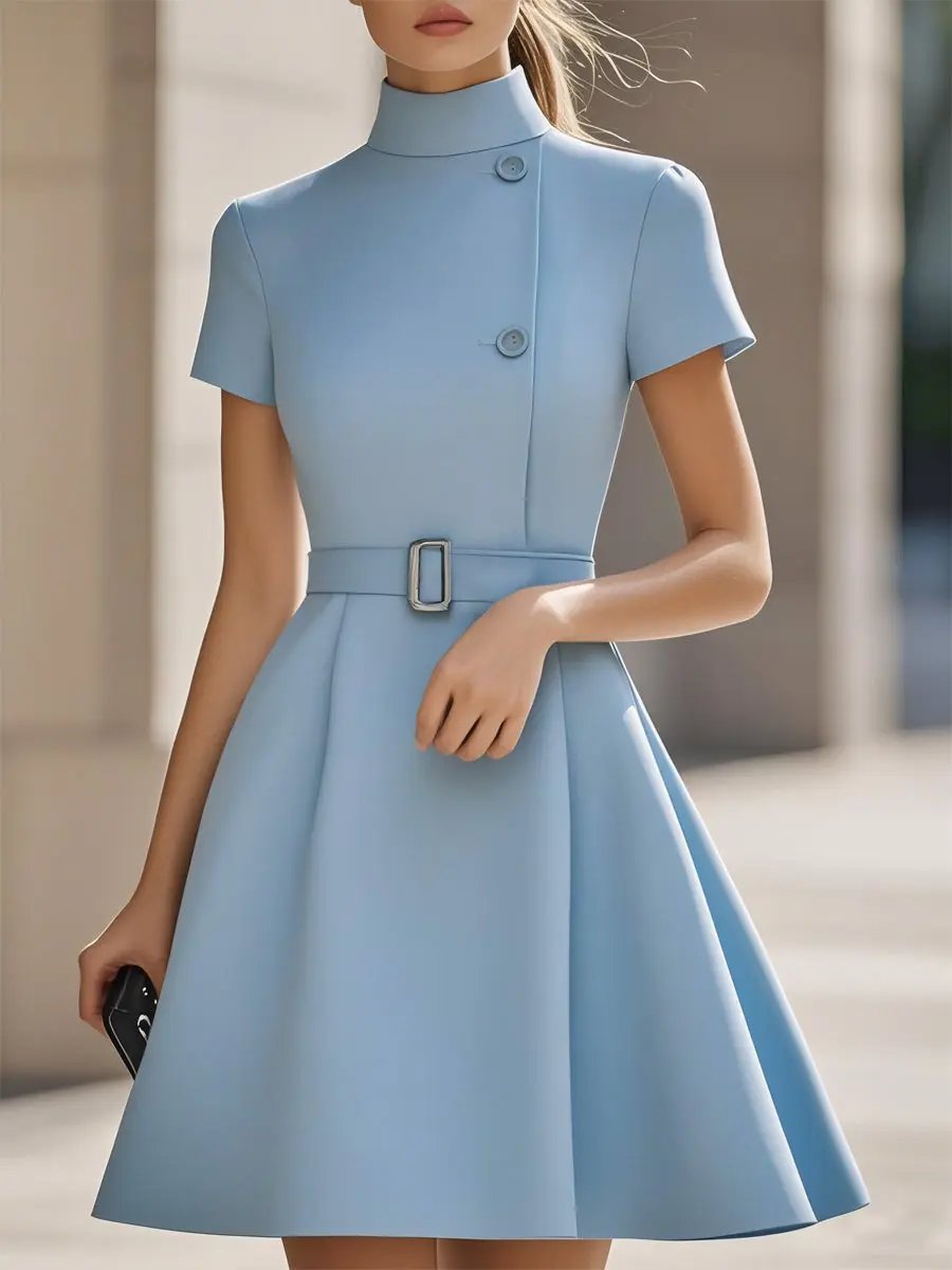 Elegant Black High-Neck Belted Sheath - Midi Dress CAAYWORLD