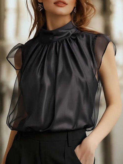 Elegant Black High-Neck Sheer Chiffon - Blouse CAAYWORLD