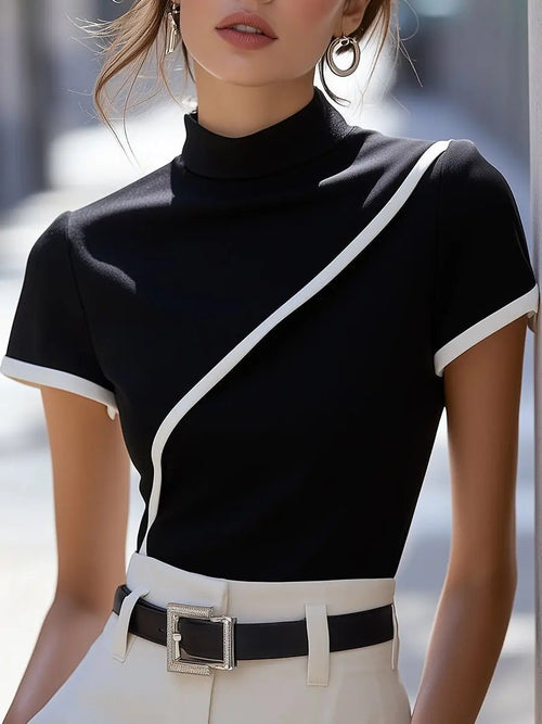 Elegant Black High-Neck White-Trim - Turtleneck Top CAAYWORLD