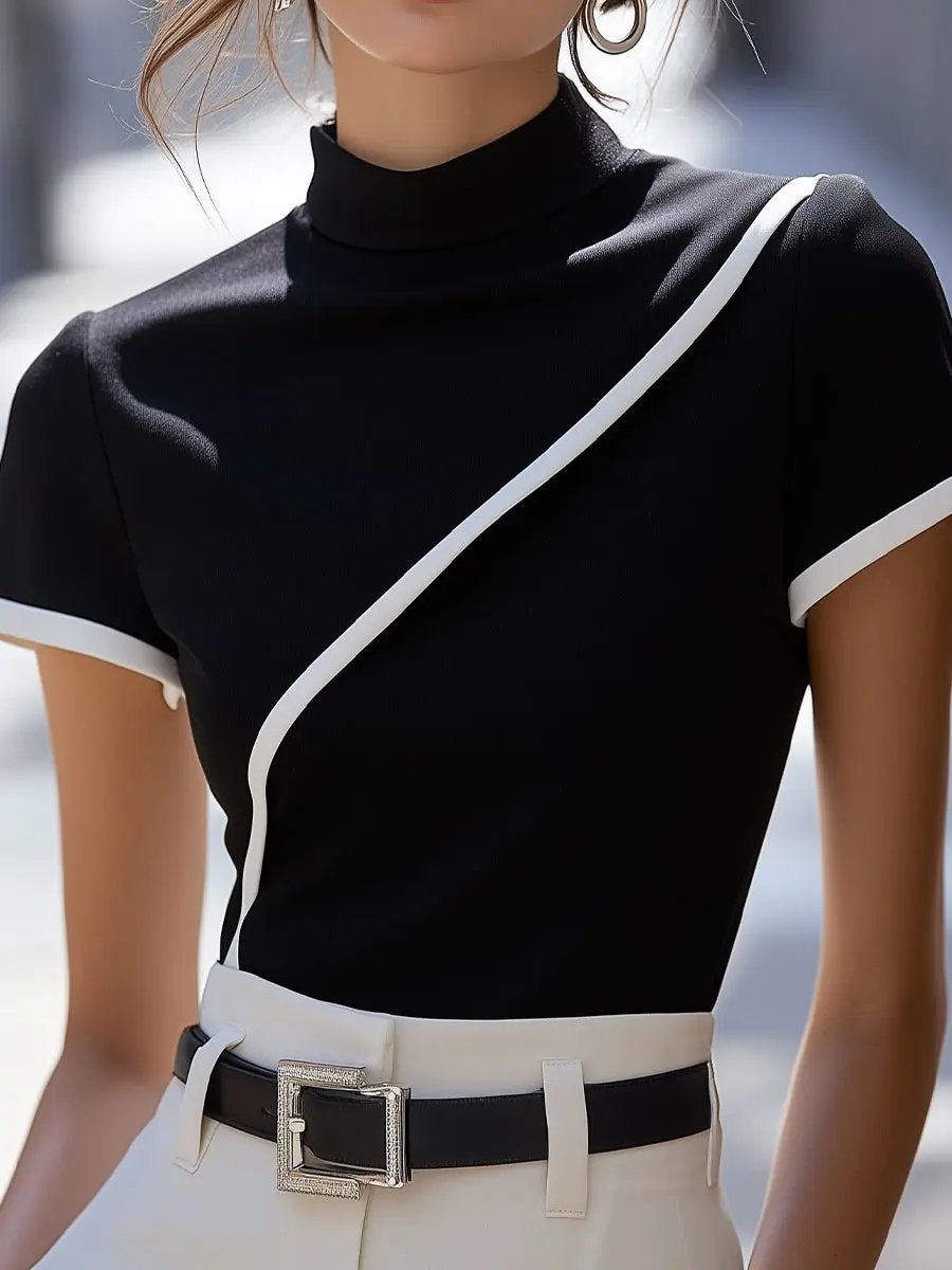 Elegant Black High-Neck White-Trim - Turtleneck Top CAAYWORLD