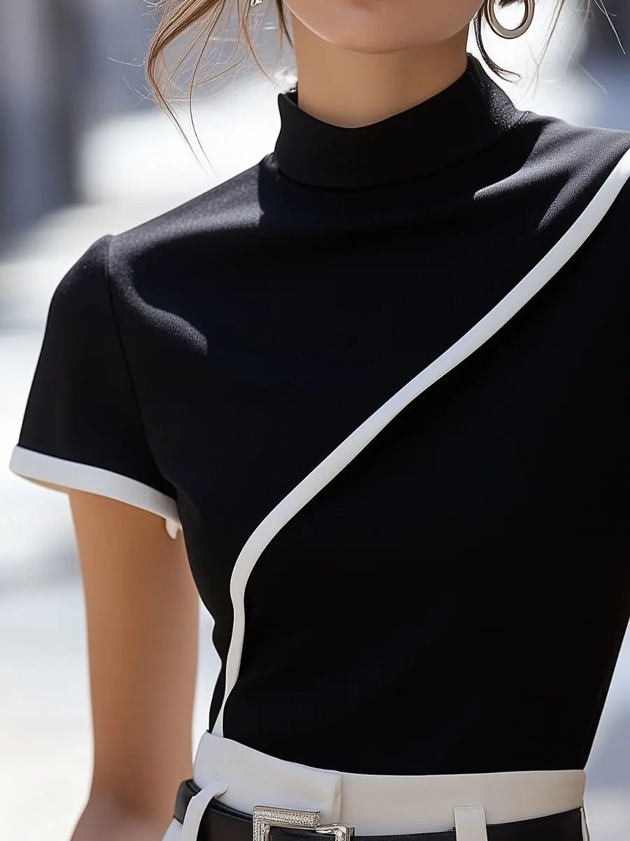 Elegant Black High-Neck White-Trim - Turtleneck Top CAAYWORLD