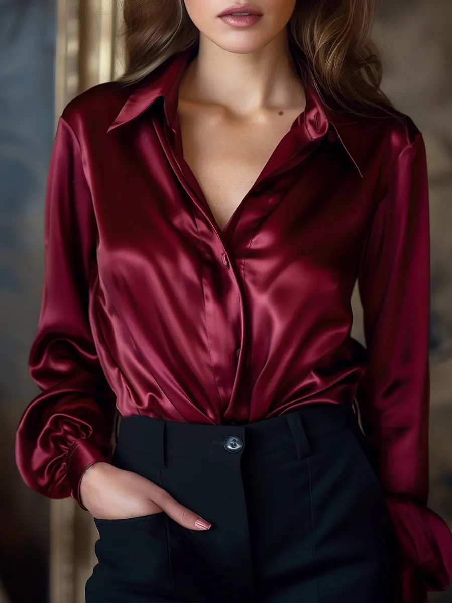 Elegant Black Satin Long-Sleeve Top - Blouse CAAYWORLD