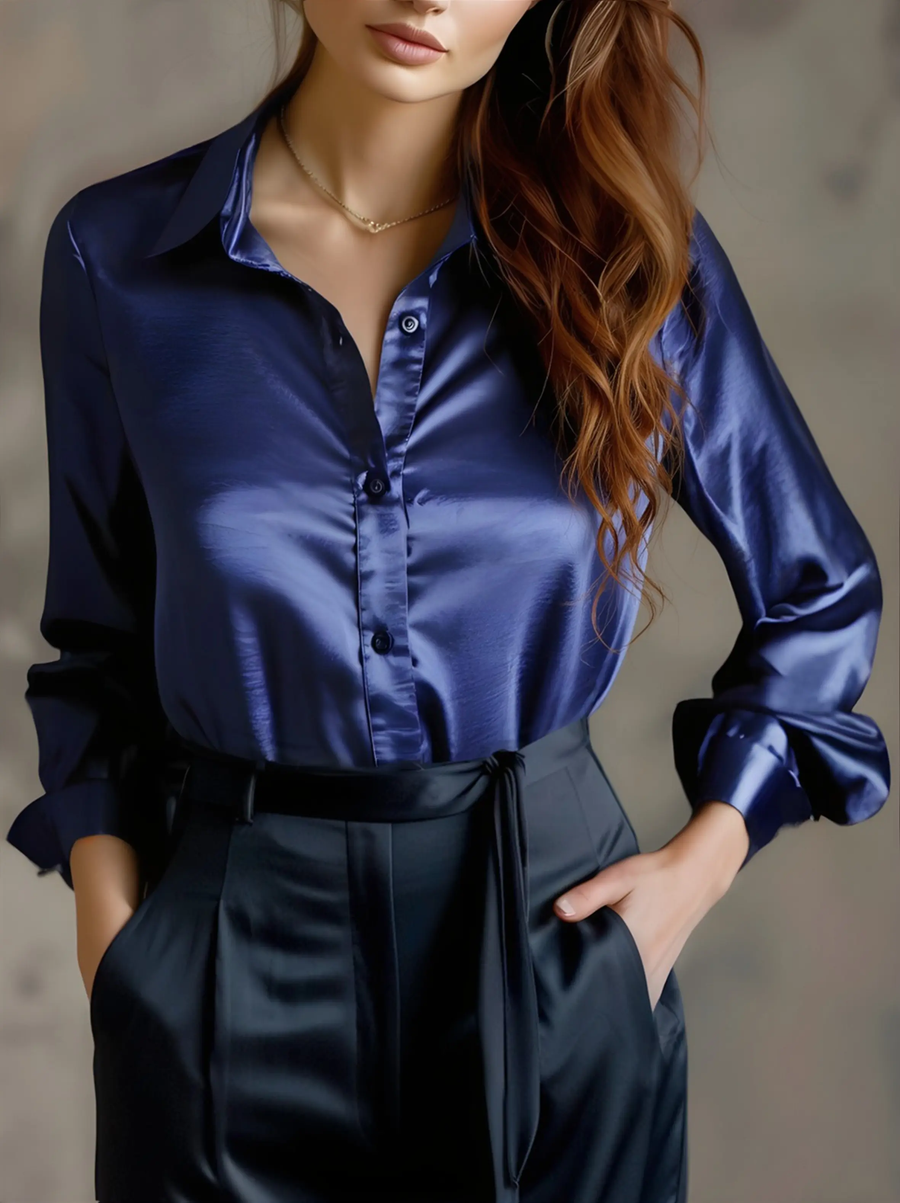 Elegant Black Satin Long-Sleeve Top - Blouse CAAYWORLD