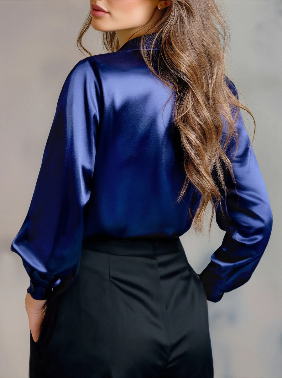 Elegant Black Satin Long-Sleeve Top - Blouse CAAYWORLD