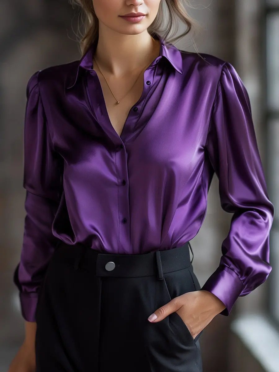 Elegant Black Satin Long-Sleeve Top - Blouse CAAYWORLD