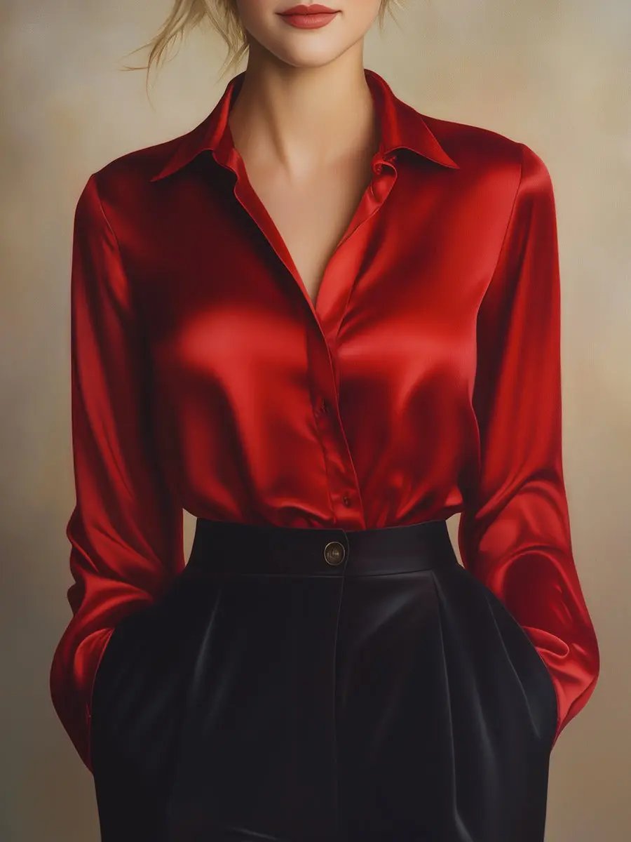Elegant Black Satin Long-Sleeve Top - Blouse CAAYWORLD