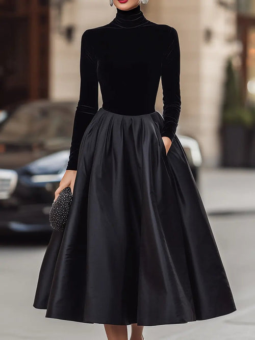 Elegant Black Velvet With Satin Trim - Midi Dress CAAYWORLD