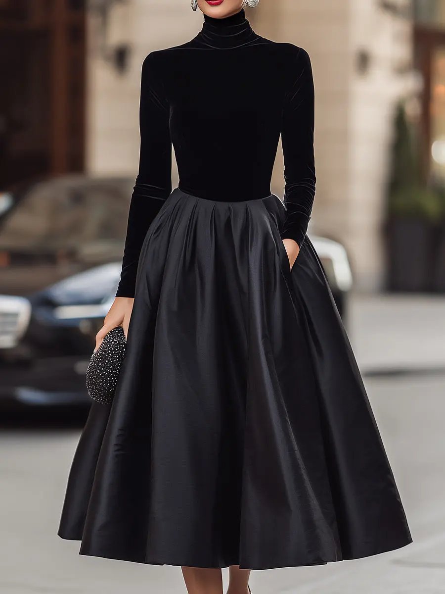 Elegant Black Velvet With Satin Trim - Midi Dress CAAYWORLD