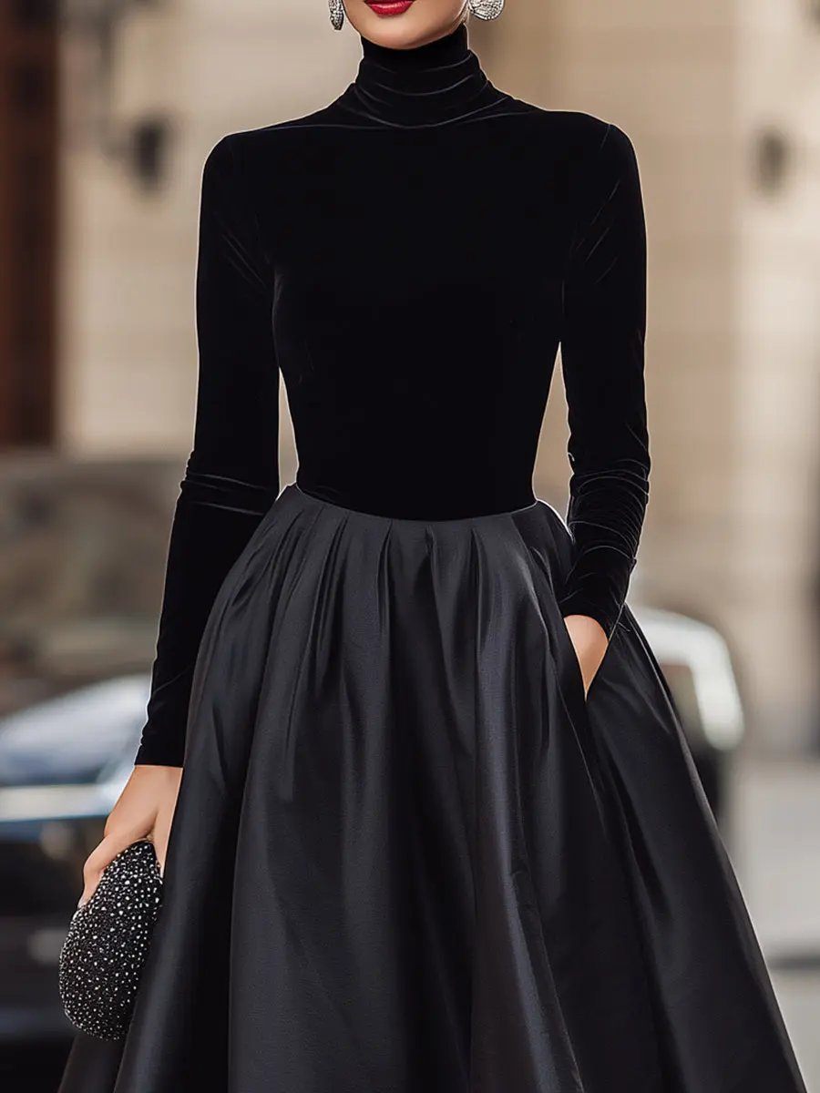 Elegant Black Velvet With Satin Trim - Midi Dress CAAYWORLD