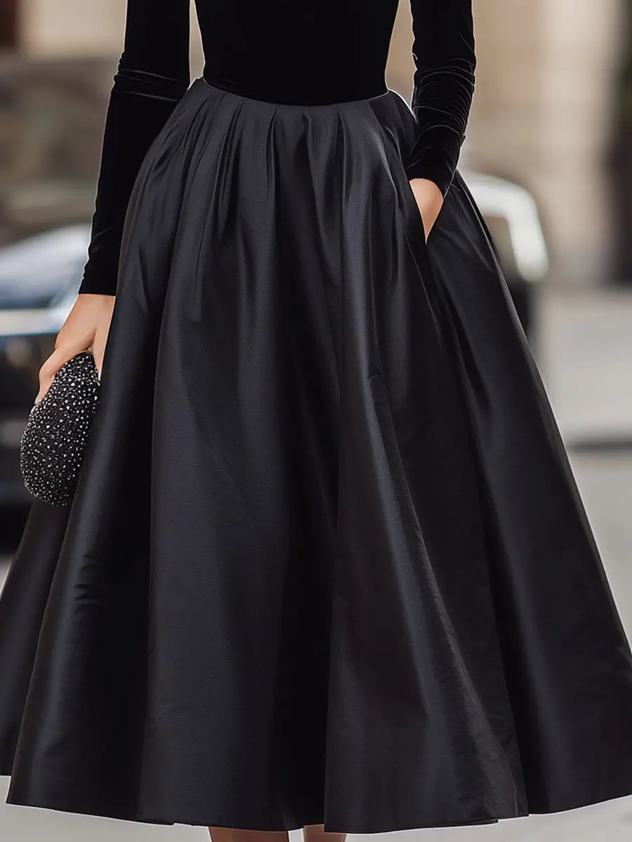 Elegant Black Velvet With Satin Trim - Midi Dress CAAYWORLD
