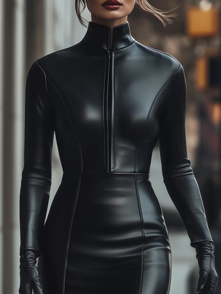 Elegant Black Zip-Up Faux Leather - Mini Dress CAAYWORLD