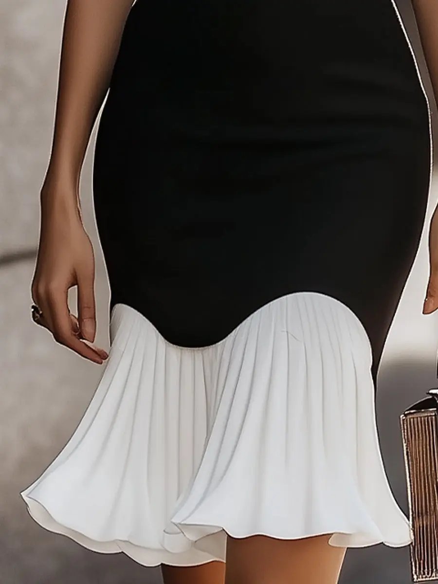 Elegant Black and White High-Neck Colorblock - Midi Dress CAAYWORLD
